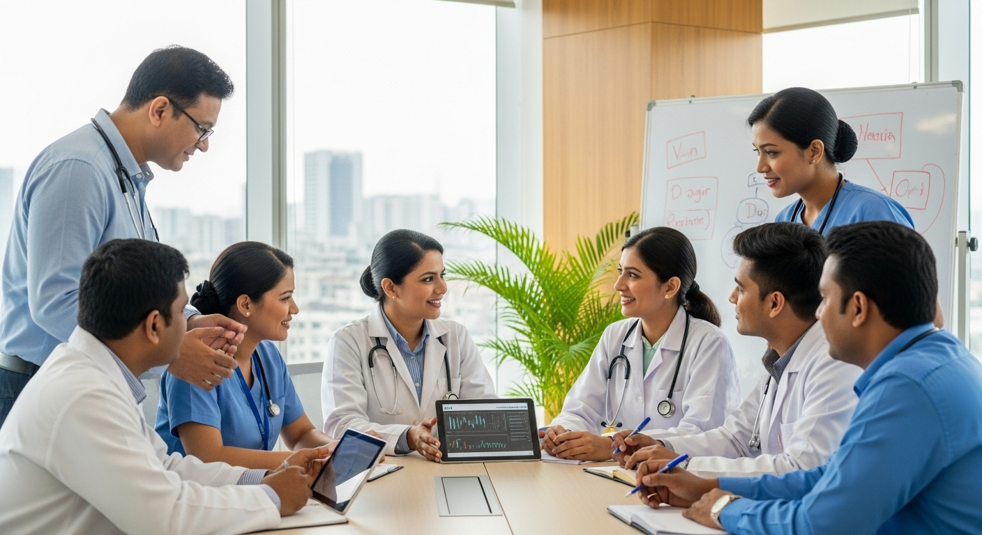 Healthcare professionals collaborating with technology in Bangladesh